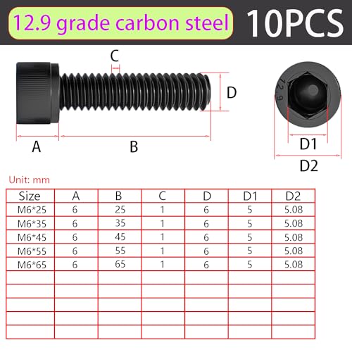Qrity 10PCS M6x55mm Cylinder Screws with Hexagon Socket, Carbon Steel Fully Thread Fastener Screw - Image 2