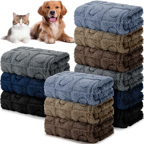 Hahafelt 12 Pcs Dog Blankets for Small Pet Puppy Cat 23 x 16 Inches Washable Fluffy Flannel Blankets for Dogs Kitten Pet House Bed (Dark Colors)