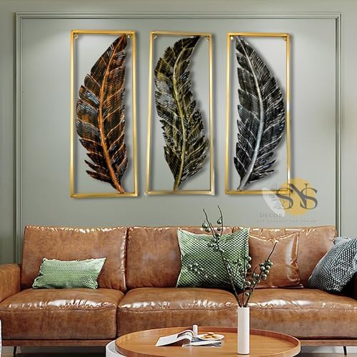 SNS DECOR Metal Frame Leaf Set of 3 Wall Art Decorations Modern