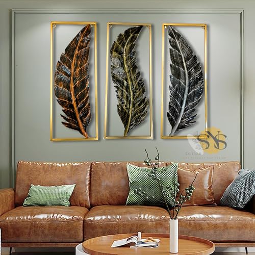 Image of SNS DECOR Metal Frame Leaf Set of 3 Wall Art Decorations | Modern Luxury Metal Wall Art Decor, | Perfect 3D Wall Sculpture For Living Room, Restaurant, Hotel & Office (Antique)