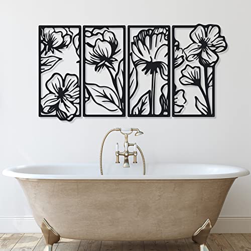 4 Panels Metal Minimalist Flowers Wall Decor Modern Abstract Nature Poppy Flowers Line Wall Sculpture Home Hanging Wall Art Decor For Kitchen Bathroom Living Room Decor, 15.75 X 7.48 Inch (Black) #TOP5