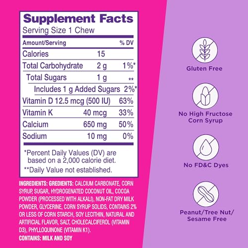 Viactiv Calcium + Vitamin D Supplement Soft Chews for Women & Men - Chewable Calcium for Bone Health Support, 650 mg per Serving, Vitamin D & K for High Absorption - 180 Count, Milk Chocolate - Image 4