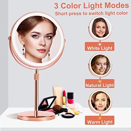 Furgatti Lighted 4000 Mah Rechargeable Vanity Mirror With 3 Color Lights,1X/10X Light Up Makeup Mirror With Lights And Magnification, Led Vanity Mirror With Touch Control For Makeup,Rose Gold #TOP3