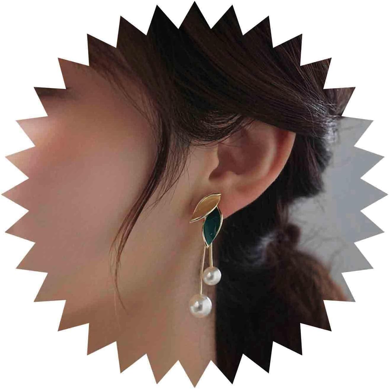 Bohemian Leaf Pearl Jacket Earrings Gold Pearl Sleek Chain Dangle Earrings Round Pearl Drop Earrings Green Enamel Leaf Stud Earrings Jewelry for Women