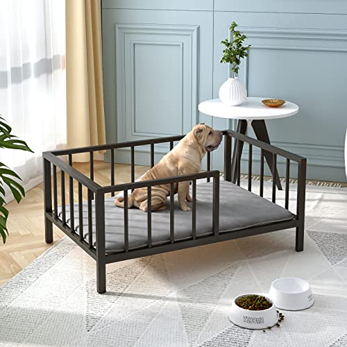 OSCHF Dog Bed with Rails - Elevated Pet Metal Bed Frame with Solid Wood Board and Washable Soft Mat...
