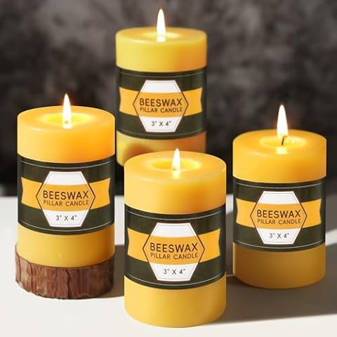 4 Packs Natural Beeswax Pillar Candles,100% Pure Bees Wax Candles 240-280 Hours Long Burn Time Unscented Beeswax Candle Smokeless Dripless Candle for Home Decor Paryer Christmas Party, 3x4in Cover