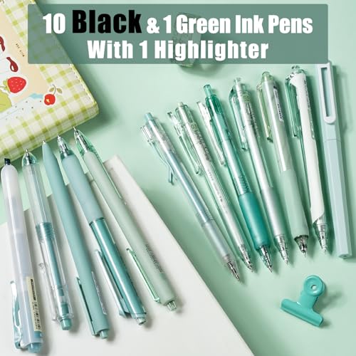 Image of Four Candies Gel Pen Set, Cute Writing Pens with 0.5mm Fine Tip, Black & Green Ink Pens with Highlighter, Aesthetic Stationery Supplies for School, Office, Pack of 12 - Forest Series | Teal School Supplies, Office Essentials, Pen and Highlighter Stationery Set, Aesthetic Desk Decor & Accessories - Forest