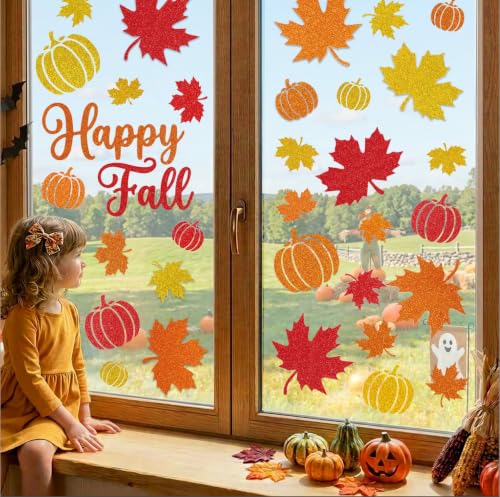 Image of 6 Sheets Fall Window Clings Decor, Glitter Maple Leaf Pumpkin Window Decals | Thanksgiving Window Stickers with Sparkling Powder, Happy Fall Decorations for Home Office School Classroom Indoor Party