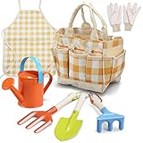 Kepfat Kids Gardening Tool Set, with Kids Size Rake, Fork, Trowel, Apron, Gloves, Watering Can and Tote Bag, Wooden Handle and Durable Design, Gift for Boys and Girls