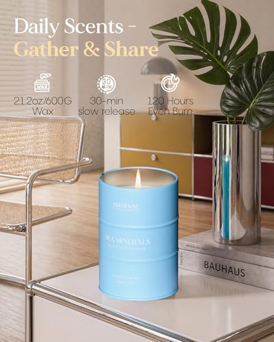 Image of M&SENSE Sea Minerals Scented Candles Ocean Large,21.2 oz | Natural Soy, 21.2oz, 120 Hour Slow Burning, Stress Relief Meditation Relaxing