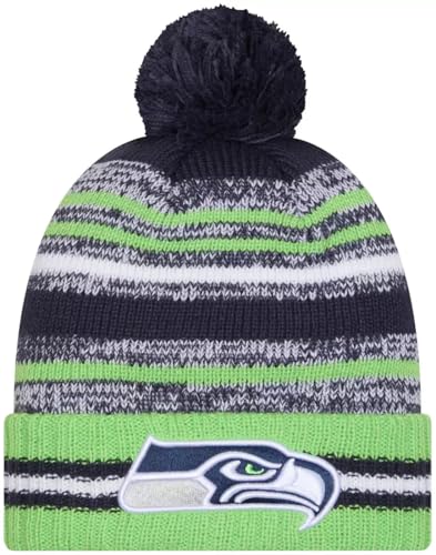 New Era Seattle Seahawks Sideline Sport Green Striped Cuffed Football Knit Beanie Hat Pom - NFL Cheer Cuff Knit Cap