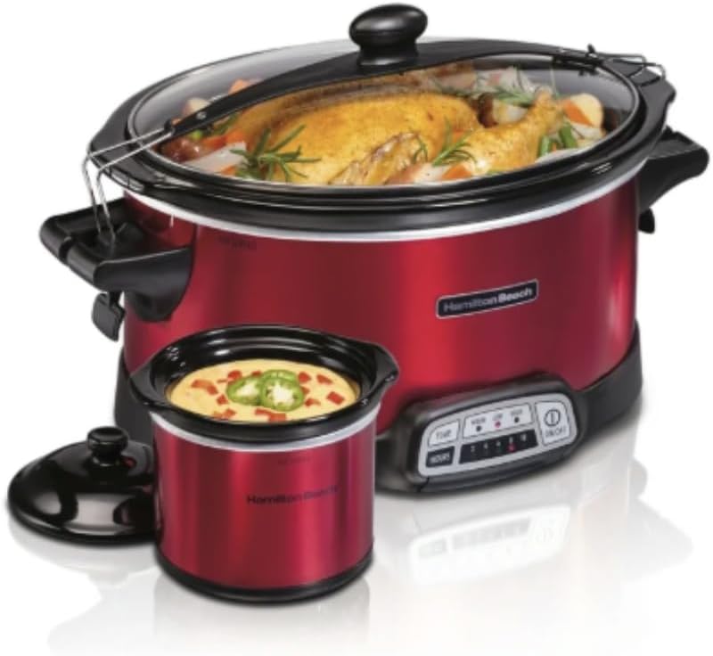 7 Qt Programmable Large Slow Cooker with Removable Stoneware Pot, Includes Mini Party Dipper Food Warmer, Red