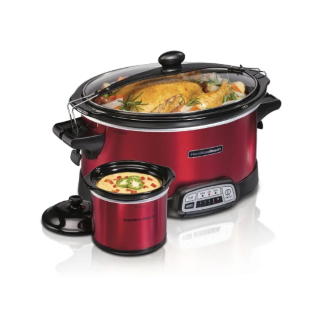 7 Qt Programmable Large Slow Cooker with Removable Stoneware Pot Includes Mini Party Dipper Food Warmer Red