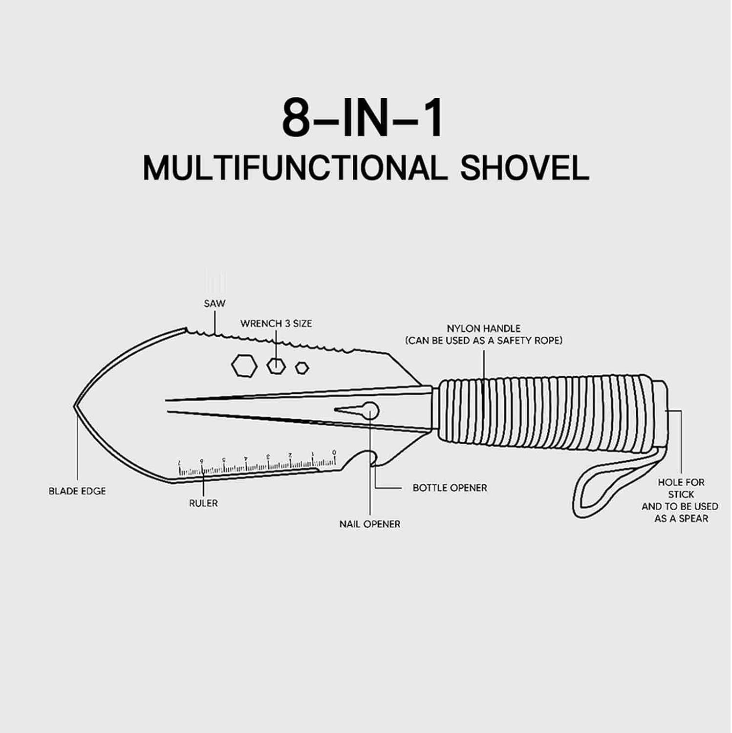8 in 1 Multi Tool Camping Shovel, Portable Stainless Steel Hand Shovel with Paracord Handle, Compact Shovel with Storage Pouch for Hiking Gardening Backpacking (Black)
