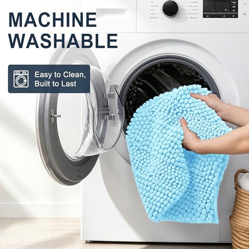 Image of Smiry Thick Chenille Bathroom Rugs 36x24, Extra Soft Absorbent Striped Bath Mat, Machine Washable, Rubber Backing, Bath Rugs for Bathroom, Tub & Shower, Home Decor Accessories, Sky Blue