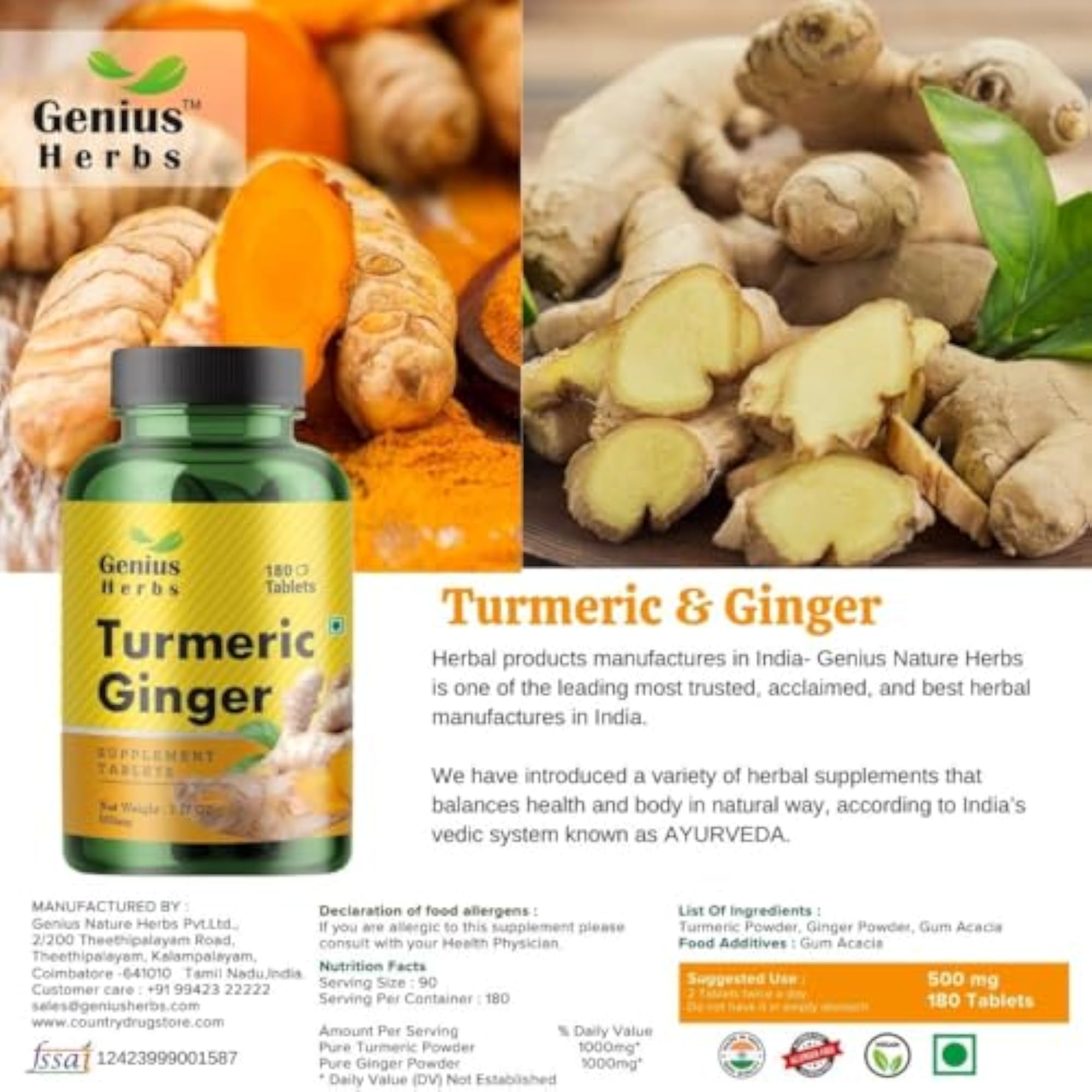 Turmeric Ginger Tablets 1000 mg Antioxidant 180 Count