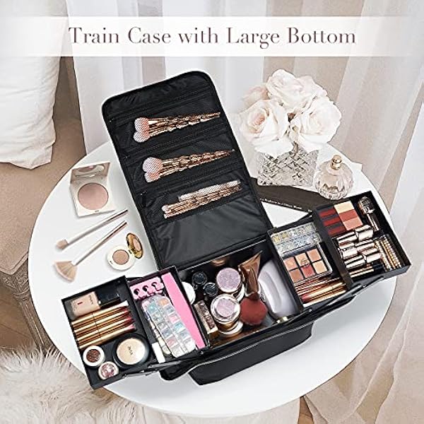 Joligrace Borsa per trucco cosmetico scatola cosmetica organizer per smalto per unghie con tracolla, Nero e oro, 27.5*19.5*24.5CM