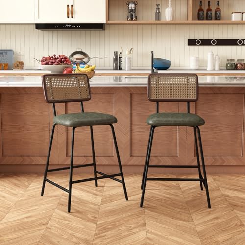 Image of Bar Stools Set of 4, 26 inch Modern Rattan Counter Height Bar Stools with Metal Legs, Upholstered Faux Leather Barstools with Cane Backrest for Kitchen Home Bar Restaurant, Green
