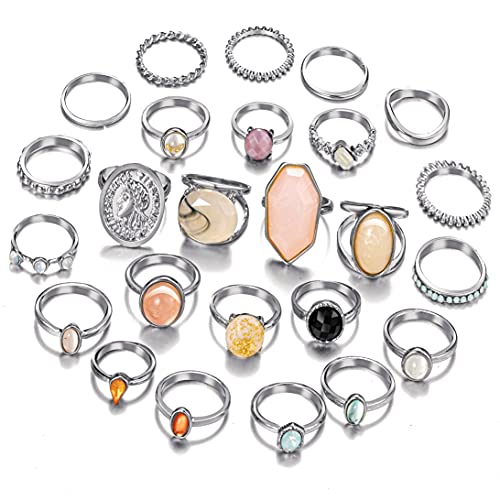Silver Crystal Knuckle Rings,Vintage Ring Set for Women Teen Girls,25PCS Midi Multiple Rings,Stackable Knuckle Rings, Bohemian Joint Rings,FAXHION