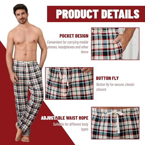 Mens Fleece Pajama Pants Ultra Soft Plaid Lounge Sleep Bottoms with Pockets and Button Fly3