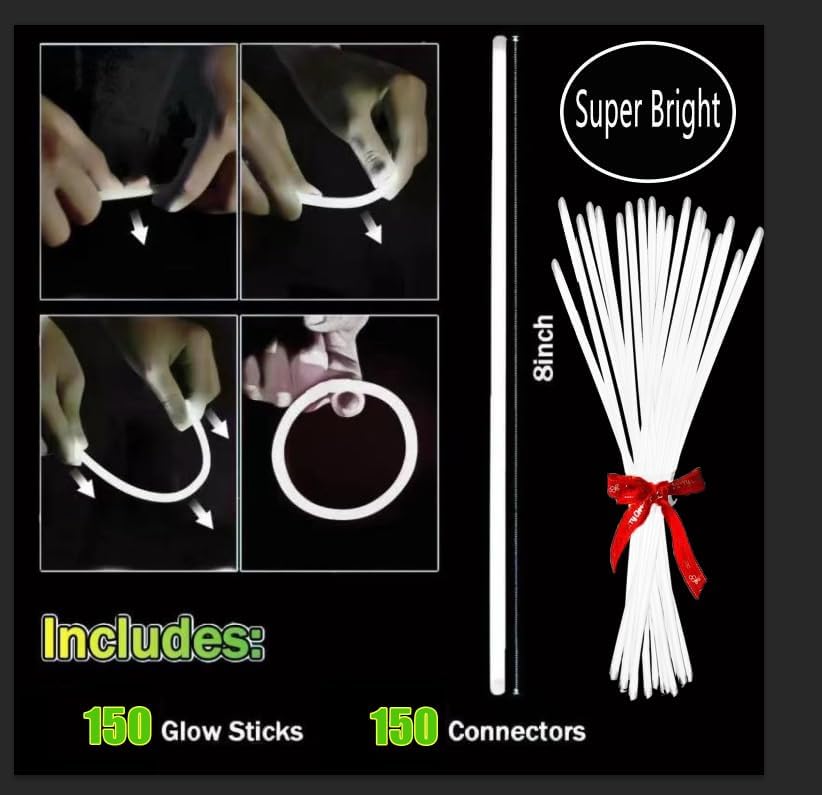 Miniatura 2 de Paquete de 150 unidades de varillas de brillo blancas a granel, pulseras brillantes con conectores, 150 unidades de 8 pulgadas, suministros de