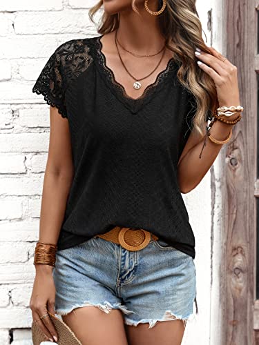 SweatyRocks Women's Floral Lace Short Sleeve Raglan Top Casual V Neck Pullover Plain Tee Shirt4