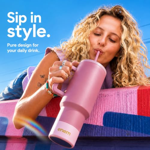 Image of enem Tumbler, Rose Dusk, Tumbler with Metal Straw, Sipper, with Lid Leak Proof, 1 Metal Ice Cube, 1 Copper Spring (Tamba), Base Protector (Black /White), Mug Travel, 1.2L