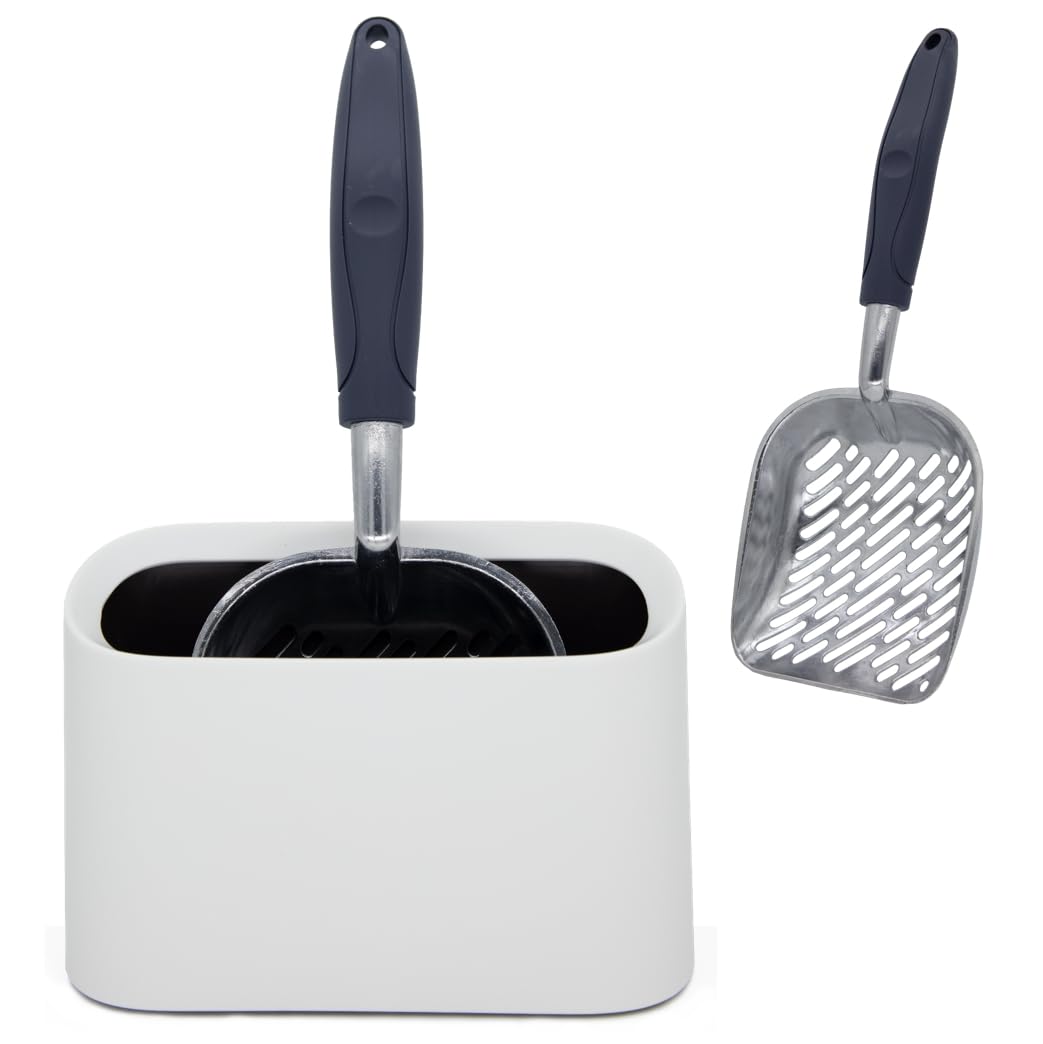 Heavy-Duty Metal Cat Litter Scoop with Holder, Aluminum Cats Litter Scooper Captures All Clumps, Kitty Metal Scooper and Holder (White)