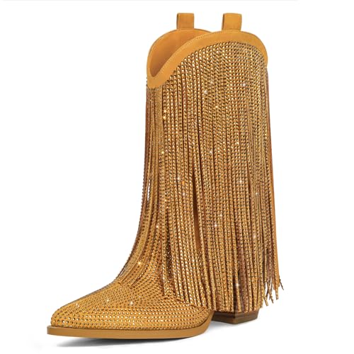 Image of Cowboy Boots for Women - Cowgirl Western Rhinestone Sparkly Fringe Chunky Heel Pointed Toe Mid Calf Boots