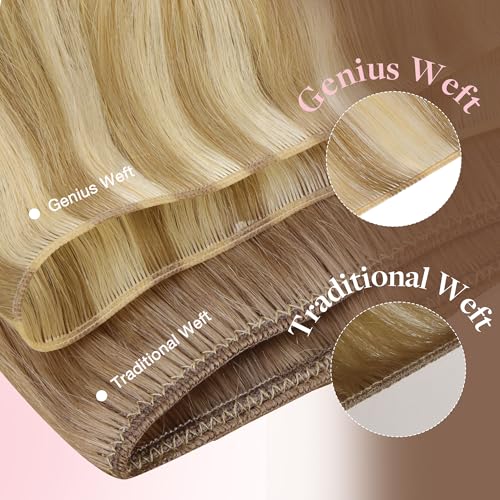 Image of GOO GOO Genius Weft Hair Extensions Human Hair, Sew In Weft Extensions, Seamless Blend & No Bulk Flat, Natural Volume for Women, 16 /22 Light Blonde Highlighted Golden Blonde 14 Inch 50g