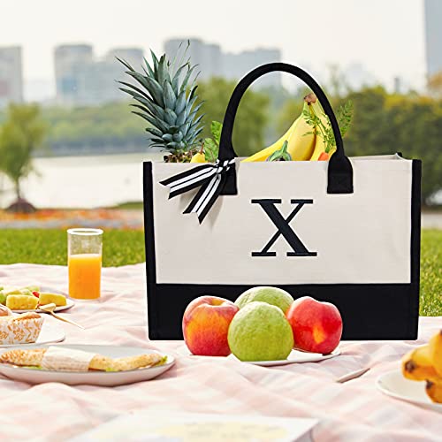 Image of Personalized Initial Canvas Beach Bag, Monogrammed Gift Tote Bag for Women