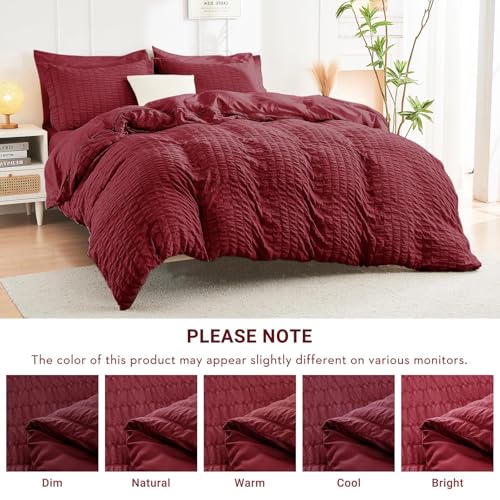 Image of HYMOKEGE Burgundy Oversized Queen Comforter Set Seersucker 7 Pieces, All Season Luxury Bed in a Bag for Bedroom, Bedding Set with Comforter, Sheets, Pillowcases & Shams