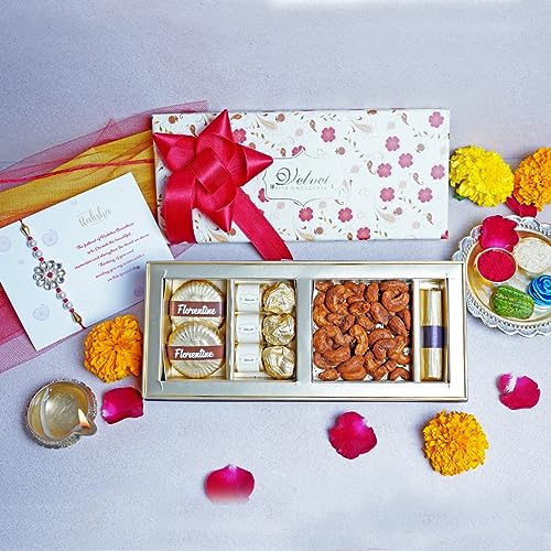 Image of Velvet Fine Chocolates Rakhi Gift Hamper for Brother with 1 Rakhi and Greeting Card | Premium Chocolate & Dry Fruits Rakhi Hamper for Raksha Bandhan