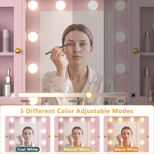 Image of HUANLEGO Pink Vanity Desk with Mirror and Lights for Girls Women | Makeup Vanity Mirror with Lights, LED RGB Lights Strip, Power Outlet, 7 Drawers, 2 Storage Cabinets, 3 Color Modes Adjustable