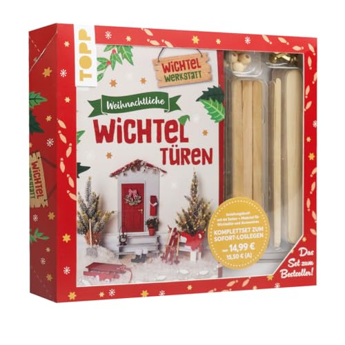Kreativ-Set Weihnachtliche Wichteltüren. Anleitungsbuch + Material. Set zum SPIEGEL-Komplettes Bastelset mit Bastelbogen, Holzspatel, Holzperlen, Pappe, Schleifpapier, Fußspuren-Schablone