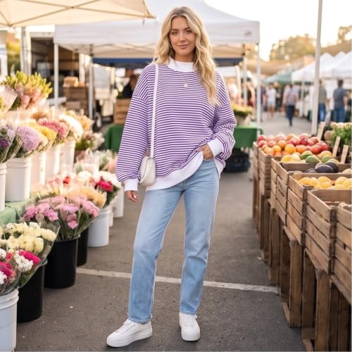 Womens Striped Sweatshirt Mock Neck Oversized Long Sleeve Pullover Tops - image 5