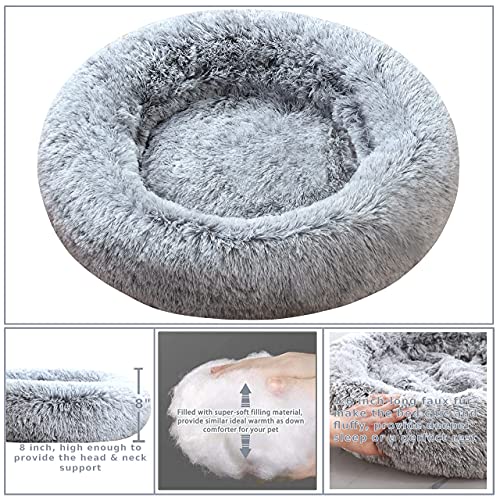 Comlax Beruhigende Donut Hundebetten XL, Rundes Kissen mit abnehmbarem waschbarem Bezug, Anti-Angst-Kunstfell-Kuscheltier, Flauschiges, bequemes, pelziges Haustierbett (80cm, Grau)