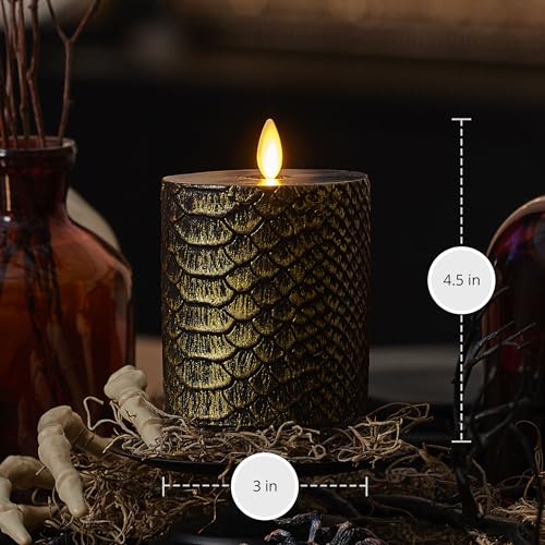 Image of Luminara Snake Pattern Flameless LED Candle, Black & Gold 3 inch x 4.5 inch, Moving Flame Pillar, Battery Operated Timer Real Wax Halloween Gothic Home Decor
