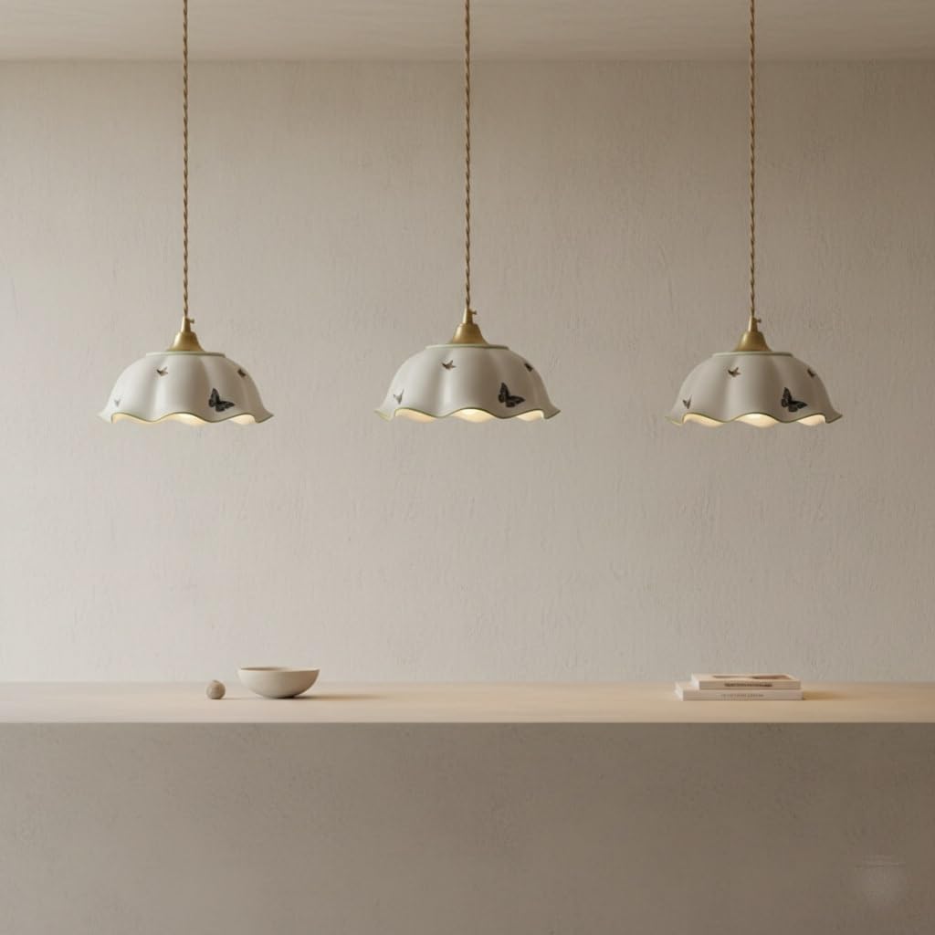 Vintage Wavy Ceramic Hanging Lamp 3 Pack, French Flower Pendant Lights Kitchen Island Butterfly Finish Farmhouse Chandelier Fixture for Dining Room