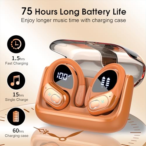 Image of Wireless Earbuds 75hrs Bluetooth 5.4 Headphone Sport, 2026 Bluetooth Earbuds Hifi Stereo Over Ear Bud with Earhooks, ENC Noise Cancelling Mic, IPX7 Waterproof Earphone for Gym /Workout, Cosmic Orange