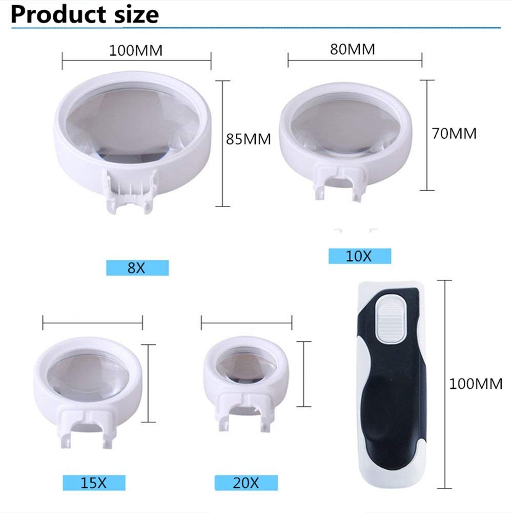 Lenti di ingrandimento, Lente di ingrandimento Portatile per Lettura da Uomo Anziano con 4 Lenti in Vetro Ottico HD 8X 10X 15X 20X Amplificatore di identificazione con Lampada a LED