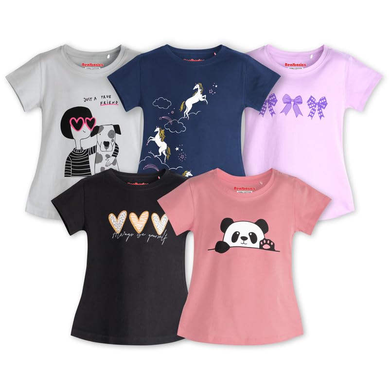 Image of Real Basics Girl's Regular Fit Half Sleeve Multicolor Tshirts Combo Pack (Set of 5)