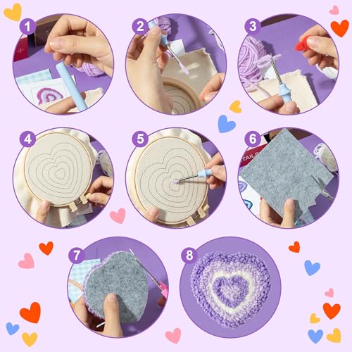 Image of WATINC Heart Punch Needle Coaster Kit - 22Pcs Easy Art Work Decor Craft Supplies Kits for Beginners, DIY Set of 6 Love Pattern Tufted Rug Pads with Adhesive Felt Yarns Embroidery Hoop Instruction Gift