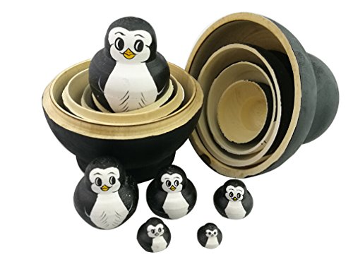 Set aus 10 ineinander stapelbaren Tieren - Motiv „Pummeliger Pinguin“ - Matroschka-Prinzip - handgefertiges Spielzeug aus Holz für die Dekoration des Kinderzimmers