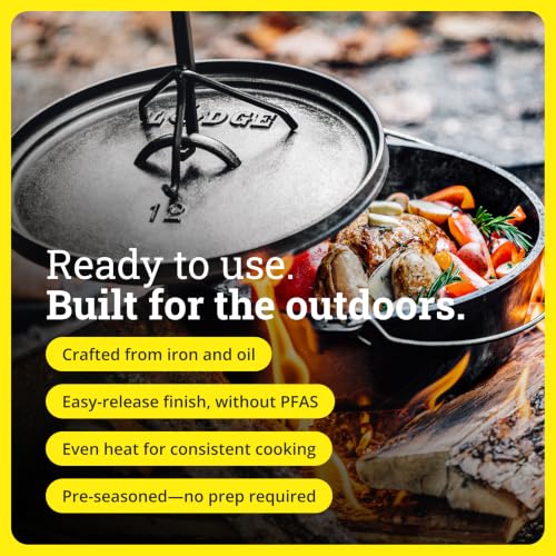 Image of Lodge Seasoned Cast Iron Camp Dutch Oven with Lid - 6 Quart - Dual Handles - Seasoned Cast Iron Cookware with Steel Handle & Strong Lid for Heavy- Duty Camping Cookware
