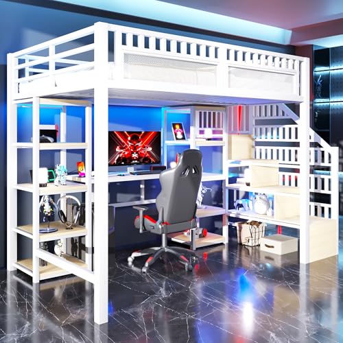 Huayz Cama alta de metal de 140 x 200 cm, con cinta LED y conexión USB, marco de hierro, cama infantil con escalera, escritorio y compartimento de almacenamiento, litera con barandilla de seguridad