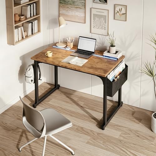 Image of DurayLoly 40 inch Computer Desk with Waterproof LED Lights,Bedroom Study Desk for Teens,Dorm Room Essentials,Headphone Hook&Storage Bag for Small Spaces,Sturdy Metal Frame,Rustic Brown