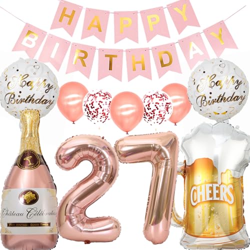 Globo de 27 cumpleaños para mujer, oro rosa, decoración de cumpleaños para 27 años, para mujeres, globo de aluminio, botella de vino, decoración para 27 cumpleaños, mujer, globos de helio, cerveza