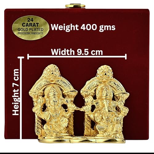 Image of 24K Gold Plated Brass Laxmi Ganesh Idol, Handicraft God Statue for Home Temple Office & Pooja, Murti for Mandir & Decor Diwali Gift, Wedding Anniversary & Corporate Gift, Housewarming- 3 inch, 400gm