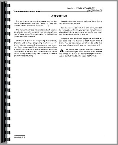 John Deere 112 Lawn & Garden Tractor Service Manual      Unknown Binding
